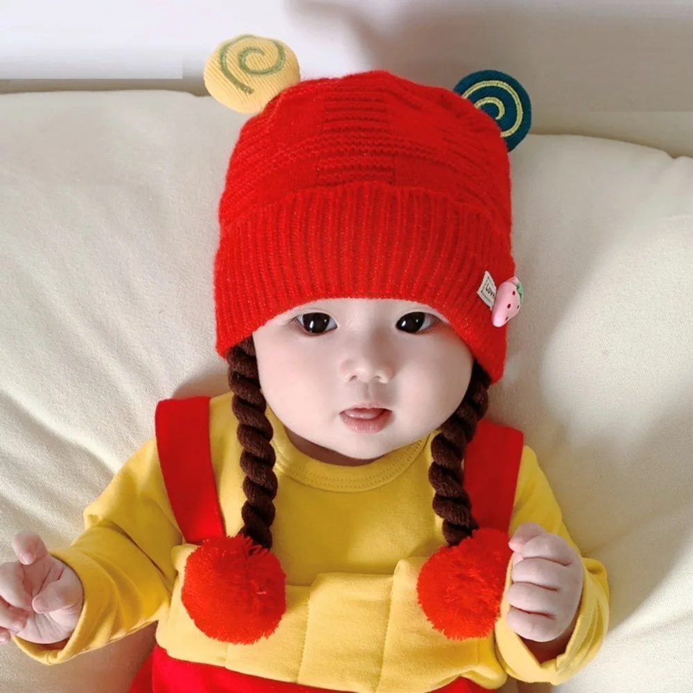 

Woolen Yarn Cute Baby Hat Warm Windproof Cotton Knitted Wig Braids Baby Caps Thickening Breathable