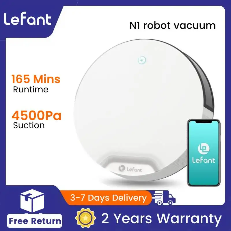 Robot aspirador Lefant N1, potencia de succión 4500PA, 4 modos de limpieza, control por aplicación, autonomía de hasta 165 minutos