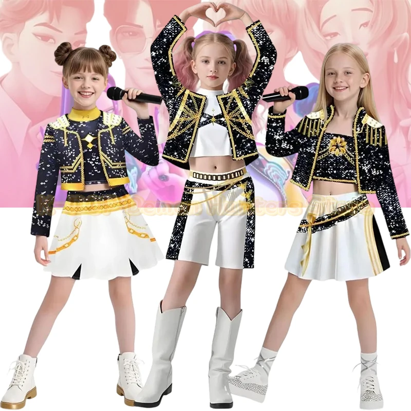 

New 2025 KPop Demon Hunters Cosplay Rumi Zoey Mira Costume Wig Women Black Golden Cool Suit Halloween Party Role Playing Outfit