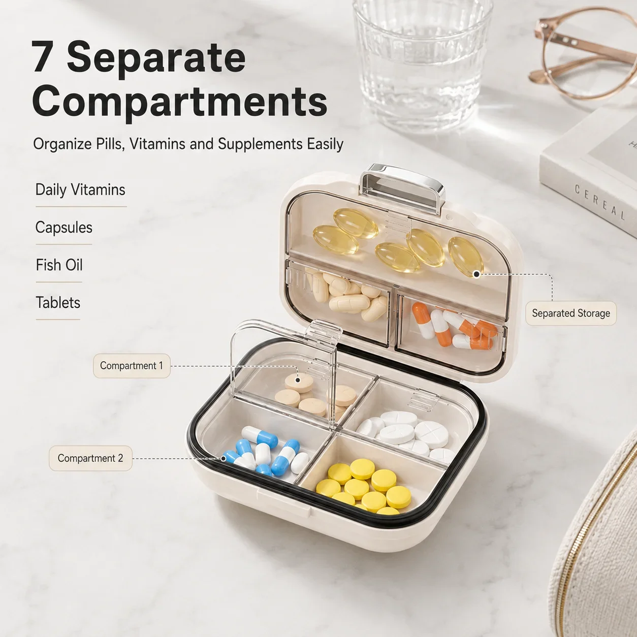 Portable Travel Pill Organizer 7 Compartments Vitamin Organizer Medicine Box Pill Case Daily Supplement Storage Box 2