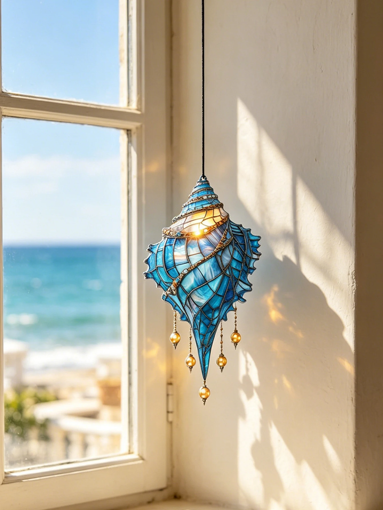 Blue Conch Seashell Suncatcher, Stained Glass Style Acrylic Hanging Ornament, Ocean Theme Window Wall Art Decor for Home & Gift