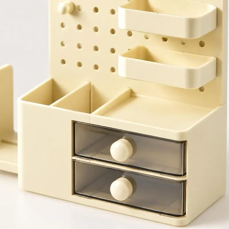 CORA Desktop Pen Organiser Stand with Visible Drawers, Upright Book Section, Pen Cup, and Adjustable Pegboard Arrangement