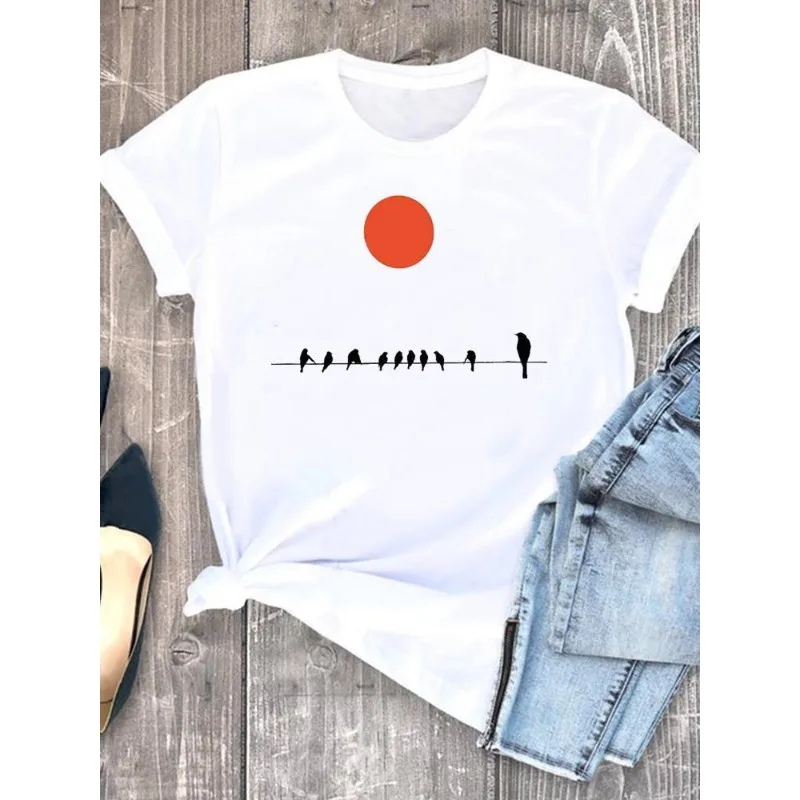 Garment Top Cute Simple Aerial Bird Print Short Sleeve T-shirt Vintage Clothes Harajuku Women Clothes Oversized T Shirt