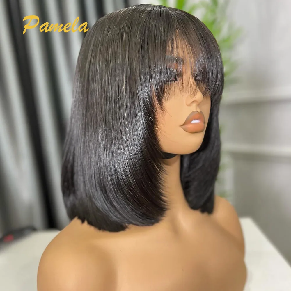 Peluca Bob corta de corte Pixie sin pegamento, cabello humano listo para usar, 250% de densidad, hueso recto, 4x4, cierre de encaje transparente con flequillo