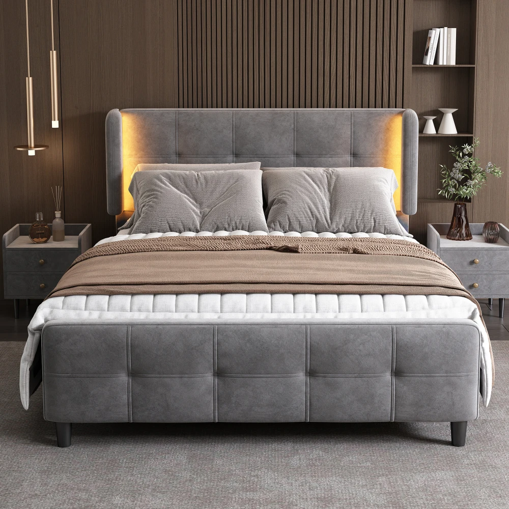 Luxuriöses, mit Samt gepolstertes Doppelbett 140 x 200 cm – RGB 16-Farben-Smart-LED-Streifen, 3-stufiges verstellbares Kopfteil, gefüllter Kopf und Fuß