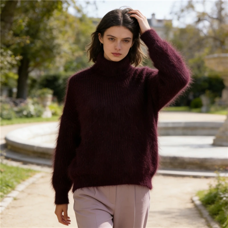 

Женский теплый повседневный свитер-пуловер оверсайз из норкового кашемира с воротником-гольф, в полоску, бордовый, осень-зима 2026