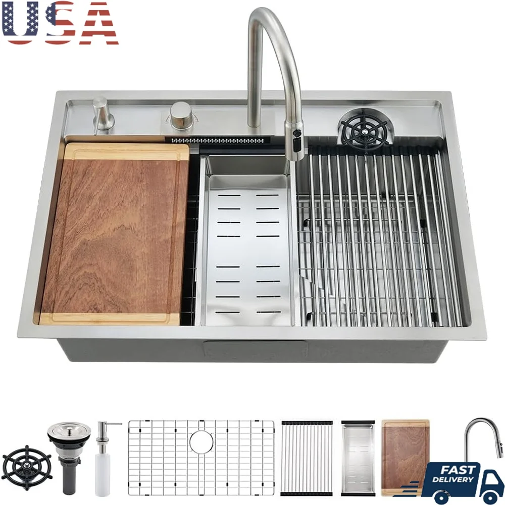 

33 Inch Stainless Steel Drop In Kitchen Sink Workstation Multifunction Waterfall Sink with Pull Out Faucet Glass Rinser Cutting