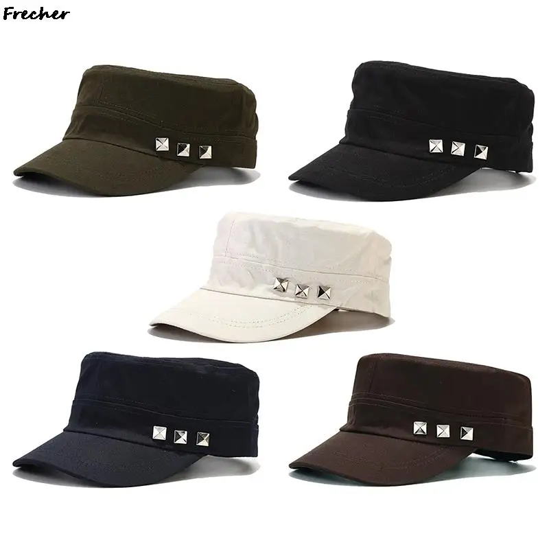 Breathable Cotton Flat Top Visor Caps Rivets Decoration Casual Outdoor Cap Women Men Hiking Hunting Sun Hat Cosplay Uniform Hats