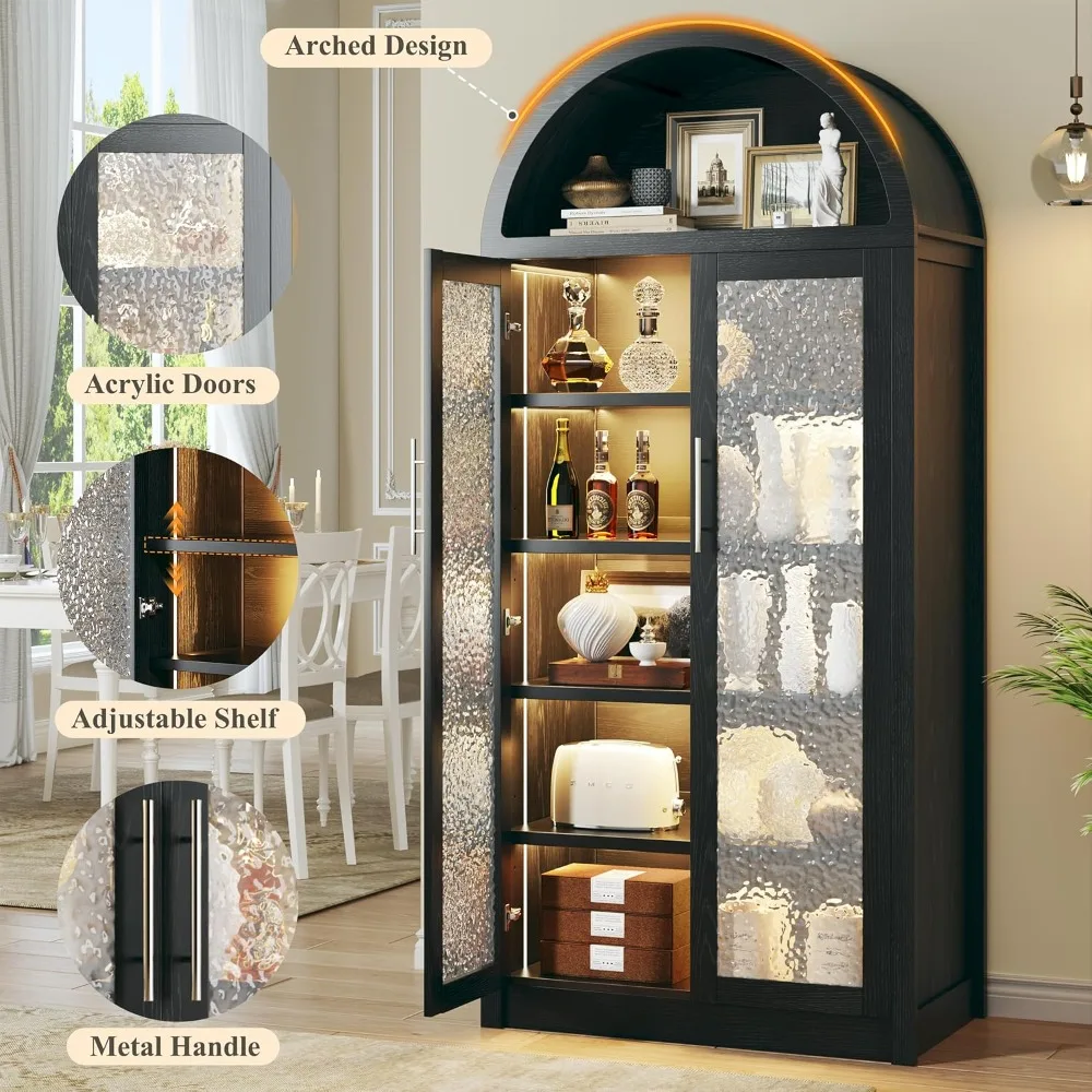 خزانة مقوسة طويلة مع 3 أضواء ملونة، خزانة تخزين مخزن المطبخ مع أبواب زجاجية وأرفف قابلة للتعديل، حديثة من 6 طبقات