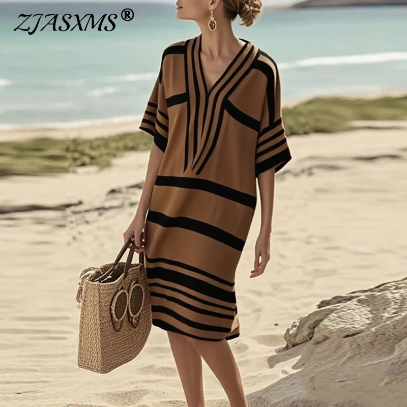 Damskie letnie sukienki do pracy z krótkim rękawem, vintage geometryczny wzór, luźna sukienka boho, nowa wiosenna codzienna sukienka z dekoltem w serek, sukienka wakacyjna Mujer