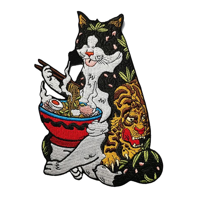 Japanese Culture Udon Noodles Patches Cool Cartoon Society Flower Cat Embroidery Patch Twill Fabric Sticker Badges For Clothing