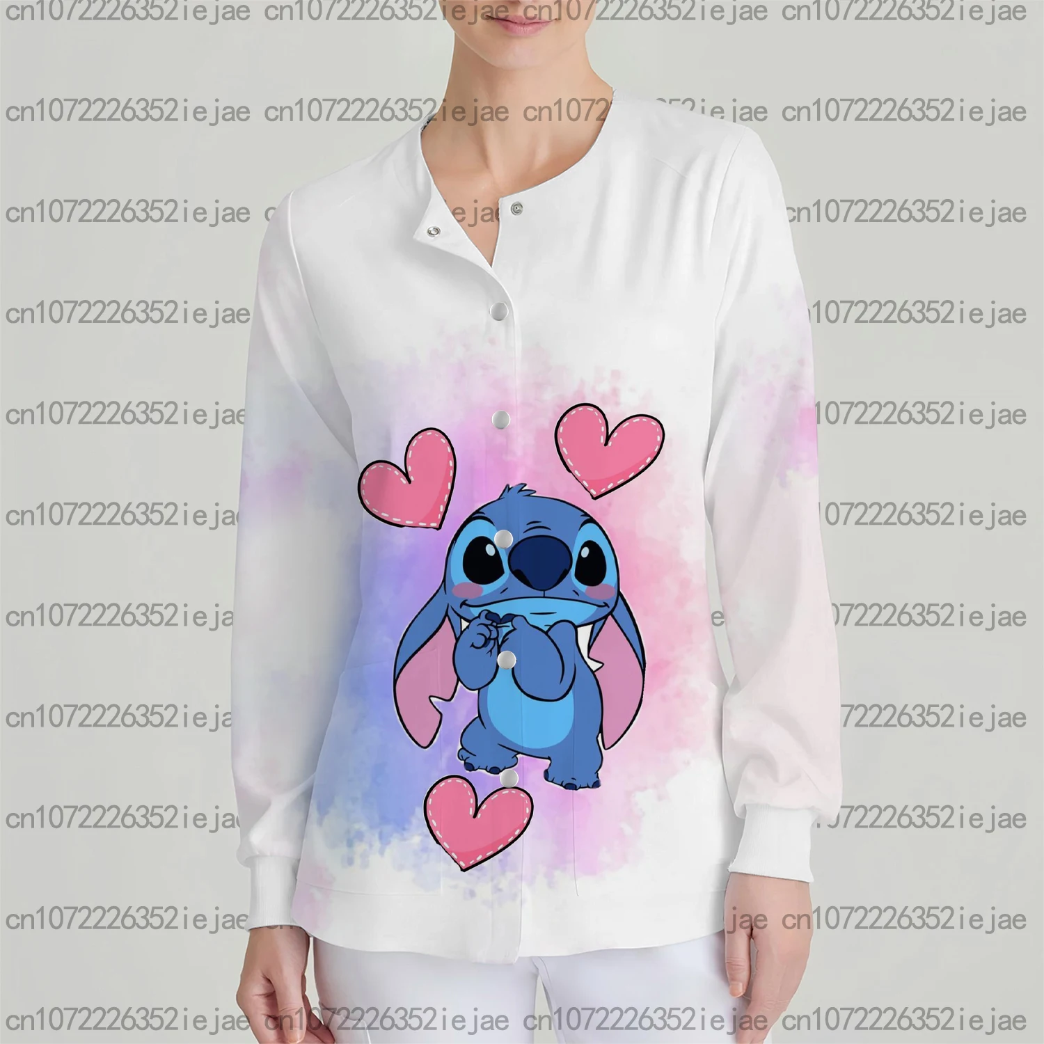 Abrigo de enfermera holgado informal con bolsillo y manga larga con estampado de Stitch de Disney para mujer, ropa de trabajo para dentista, bata quirúrgica, chaqueta exfoliante