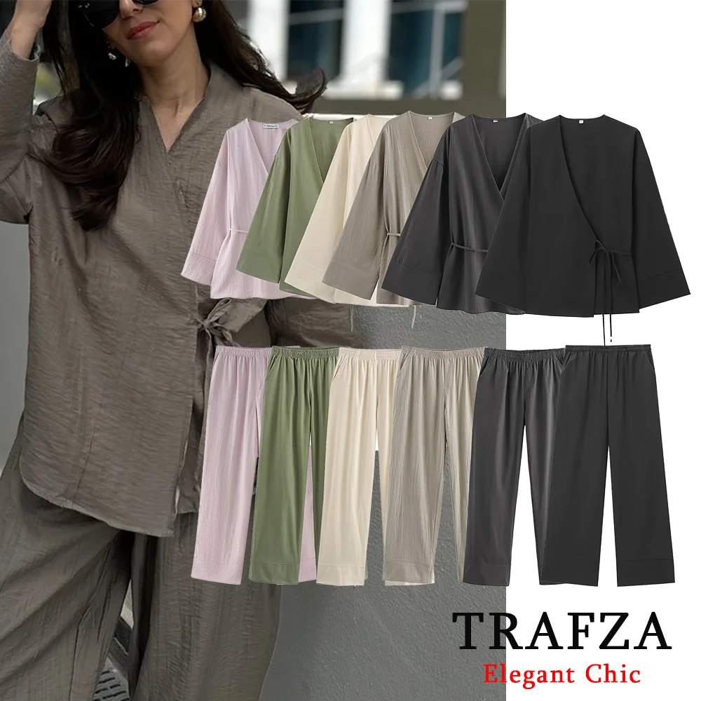 TRAFZA Casual Solid 2 Piece Women Set Fashion 2024 Summer Texture Long Sleeve Kimono-Style Outerwear+Pajama Pants NightWear Suit