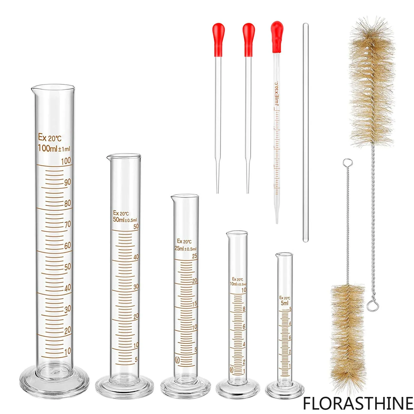 Glass Graduated Measuring Cylinders Set, Premium Borosilicate Cylinders Kit with 3 Pipettes+2 Brushes+1 Stirring Rod