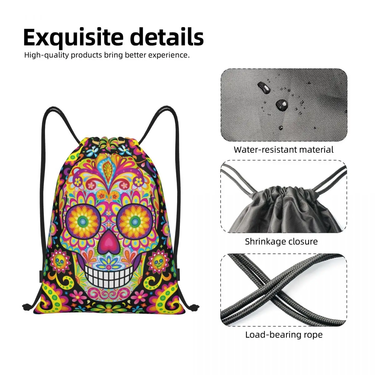 Sugar Skull Day Of The Dead-bolsas de arte con cordón, mochila portátil para gimnasio, deportes, Halloween, católico, Floral, almacenamiento de compras