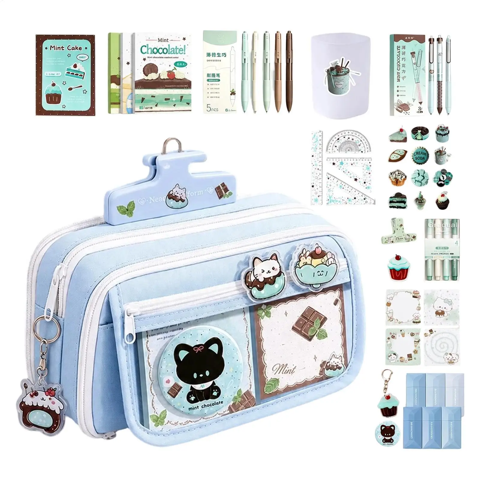 Mint Chocolate Kitten Stationery Set 13 Layers Large Capacity Pen Bag Stationery Set School Classroom Supplies With Pen Case