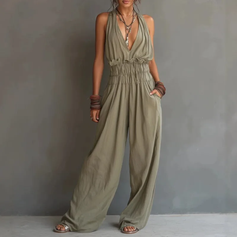 

2026 New Summer Jumpsuit Solid Color Deep V-sleeveless Sexy Loose Fashionable Versatile Temperament Unique Simple Jumpsuit Pants