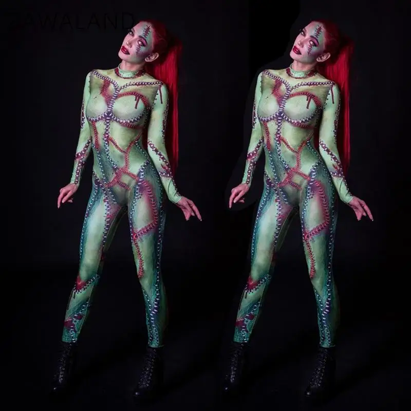 Fantasia Cosplay de Halloween impressa em 3D para mulheres, macacão de manga comprida, disfarce adulto, bodysuits magros, elástico, horror, assustador, novo