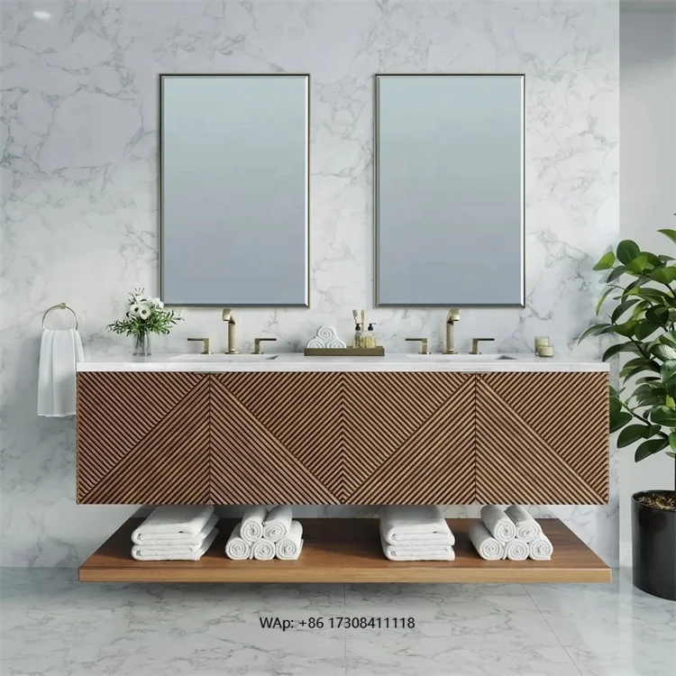 

Modern Custom Double Sinks Bathroom Vanity with Smart Mirror Wood Vanities with Carving Shaker with Towel Self Storage