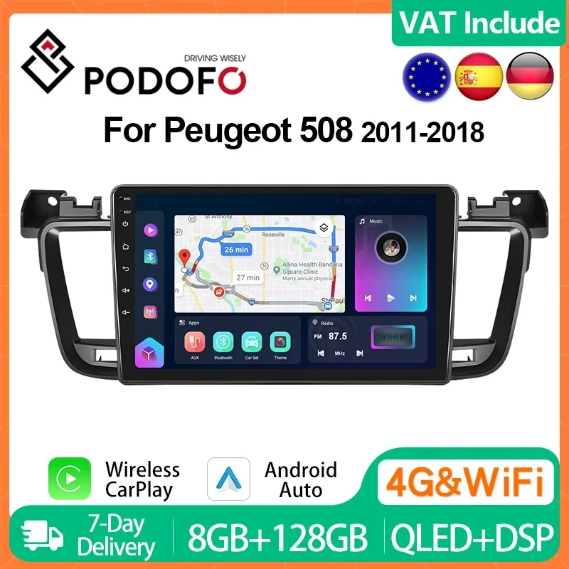 Podofo Carplay Android Auto Car Radio For Peugeot 508 2011-2018 Intelligent Systems 2din 4G 9” Multimedia Player GPS 48EQ Stereo