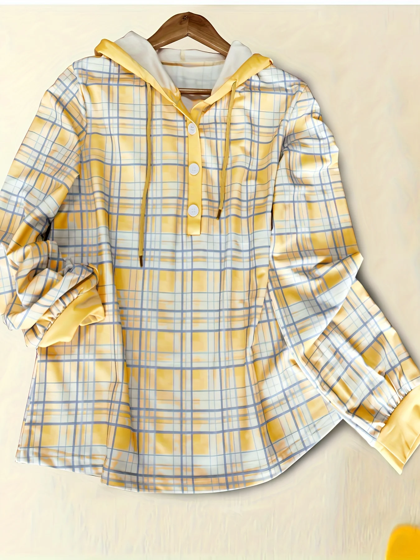 Plaid long-sleeved button-down drawstring hoodie top women