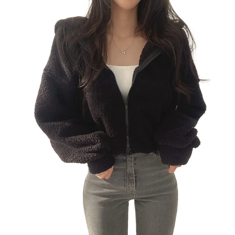 

2025 Winter Thicken Warm Fleece Hoodie Zipper Drawstring Short Coat Lamb Furry Velvet Jacket Sweatshirt Streetwear