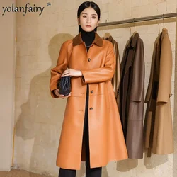 Autumn Winter 2022 New High End Double Sided Real Sheepskin Windbreaker Trench Coat Women's Mid Long Yellow Leather Jacket FCY