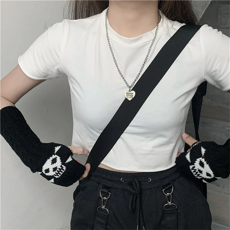 Y2K Arm Warmers Black Skull Gloves Goth Long Fingerless Arm Sleeve Gloves Women Knitting Warm Gloves Punk EMO Fashion  Mittens