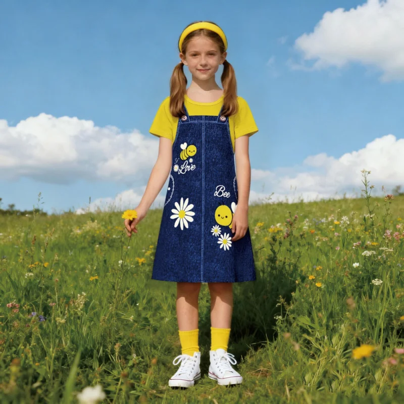 2025Girls' Little Bee Daisy，Imitation Denim Strap Dress.
