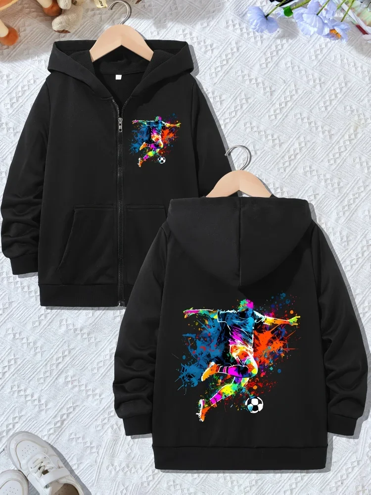 Kids Zip Up Hoodie Color Splash Soccer Player Print Long Sleeve Loose Hooded Jacket For Boys Girls Sports Daily Outerwear