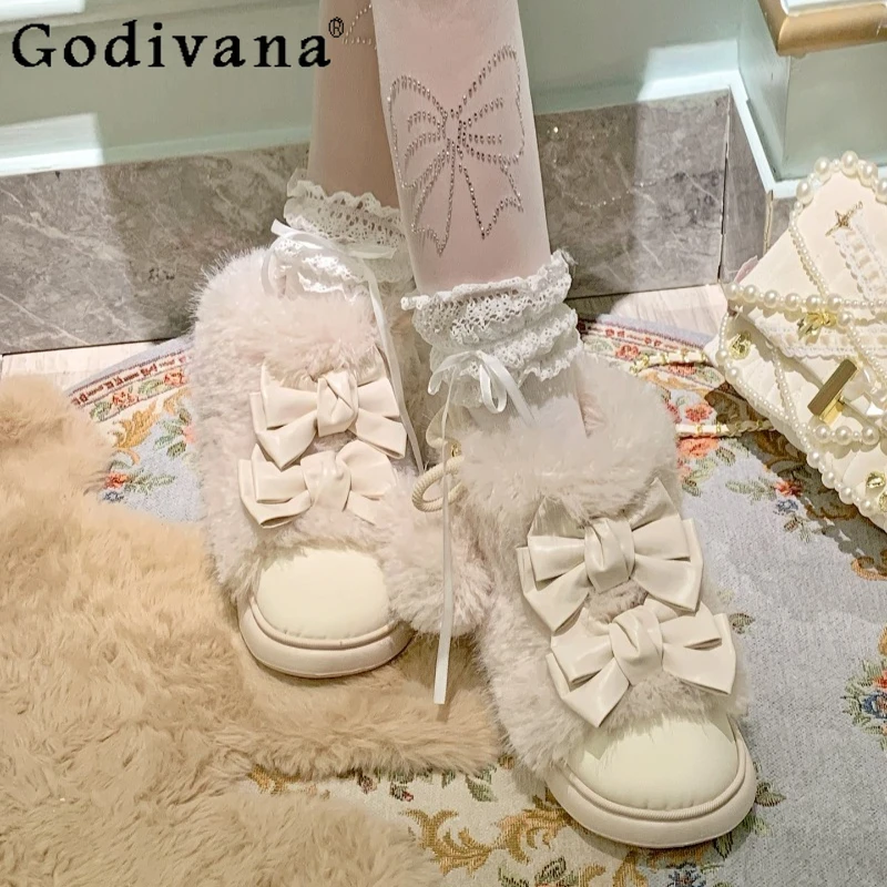 

Original Beige Bowknot Lamb Wool Shoes Ladies Autumn Winter Warm Short Boots Women's Street Wear Sweet Style Snow Boots