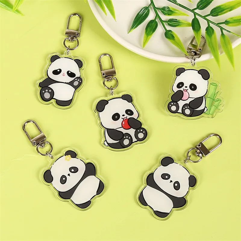 Cute Cartoon Acrylic Panda Keychain with Bamboo for Backpack Decoration Small Gift High Quality Pretty Daily