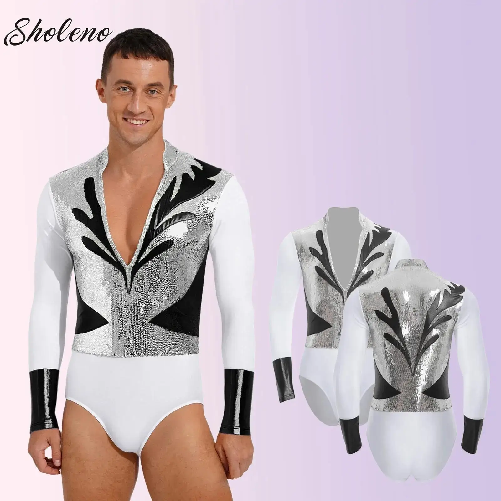 

Men Rhythmic Gymnastics Jersey Leotard Figure Skating Latin Ballroom Chacha Dance Costume Shiny Tango Rumba Performance Bodysuit