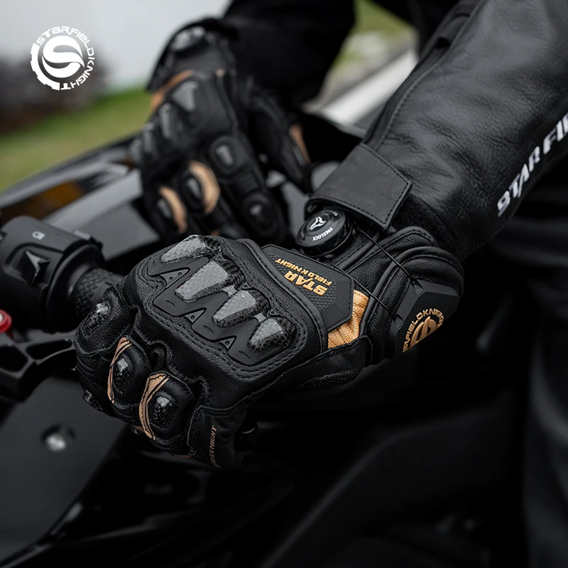 

SFK Black-gold Motorcycle Gloves Racing Genuine Leather Knob Tightening Wear Resistant Shock-absorbing Fingertip Touch Design