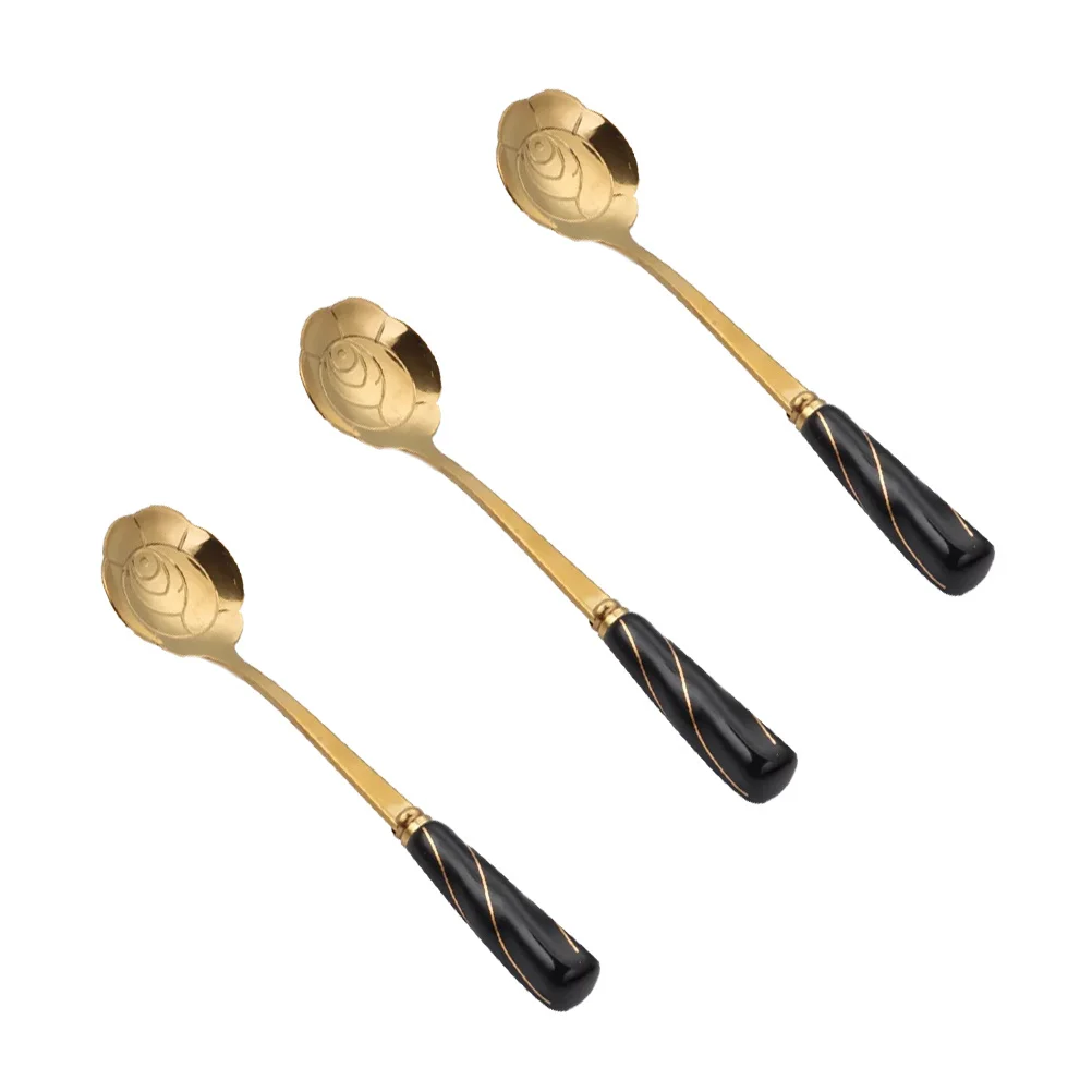 

3Pcs Coffee Stirring Spoons Ceramic Handle Stainless Steel Petal Shaped Heads for Cocktail Dessert Black Gold