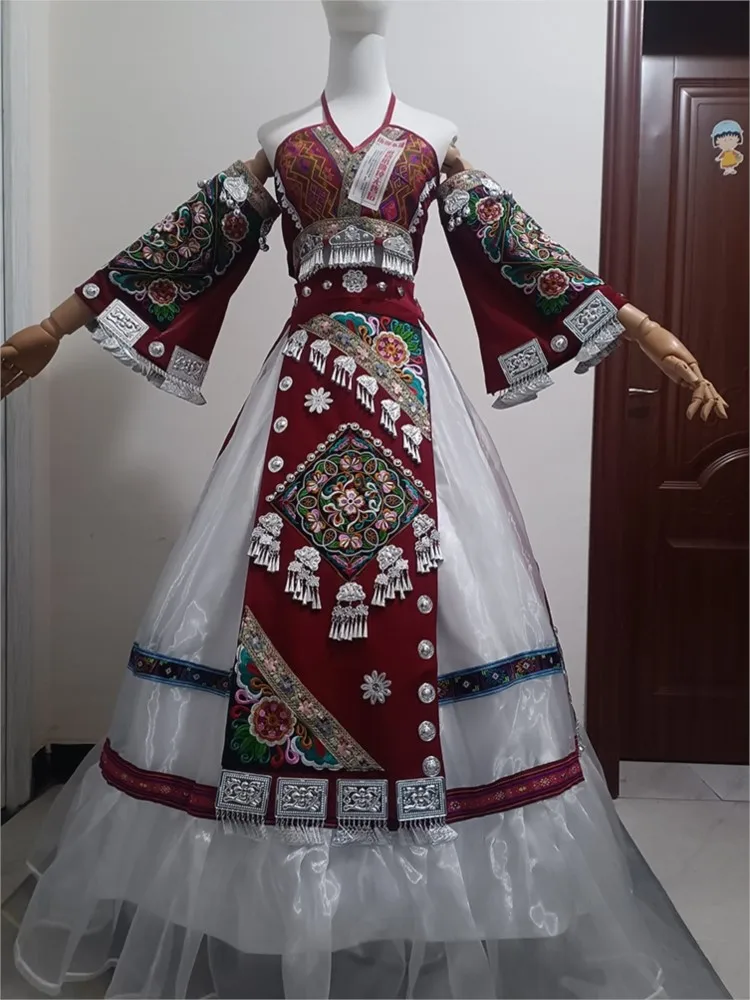 Nieuwe kleding rood en blauw beste vriend etnische jurk set hoed prestatie kostuum