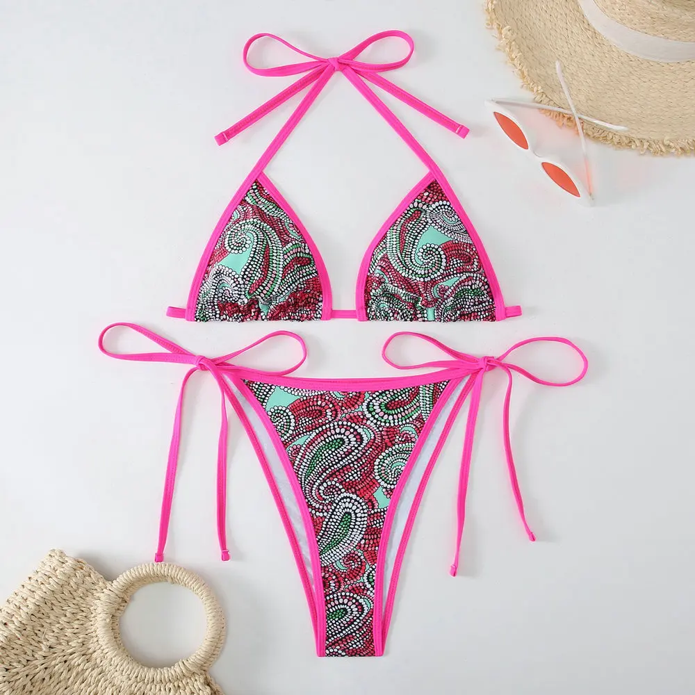 

Vintage Floral Bikini Tanga String Backless Swimwear Triangle Micro Swimsuit Women Beach Outfits Bathing Suits Bikinis Sexys Set