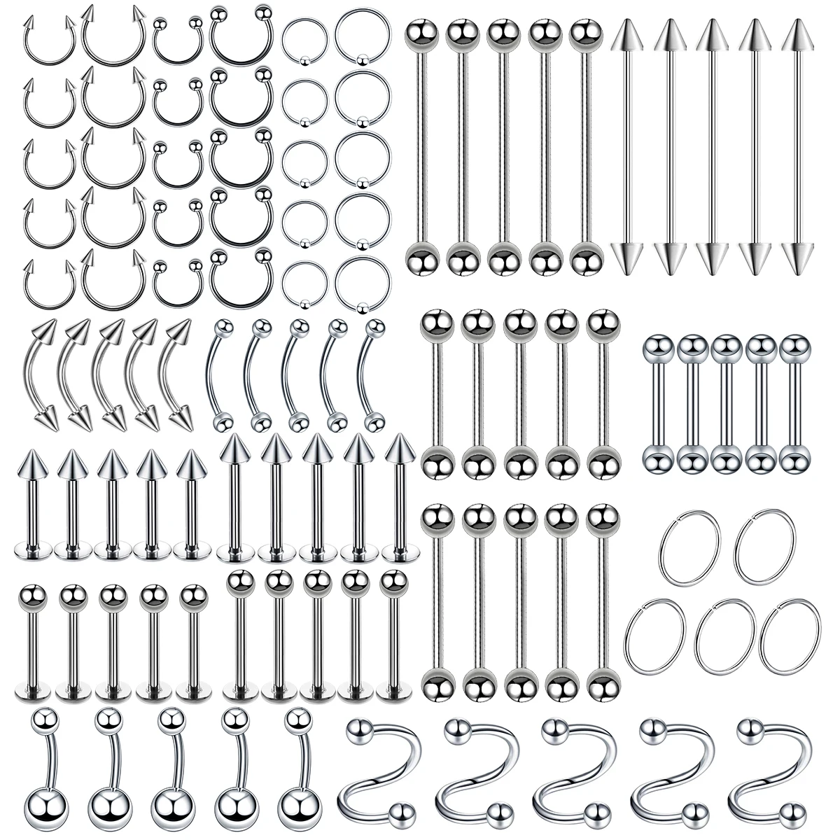 100PCS Body Lot Stainless Steel Nose Lip Tongue Cartilage Tragus Eyebrow Industrial Barbell Belly Button Rings Piercing Jewelry