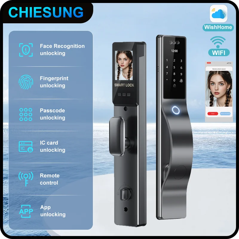 Waterproof 3D face recognition WISHOME WIFI APP RFID Card Code Keyless Smart Electronic Door Lock Aluminum/Glass Sliding