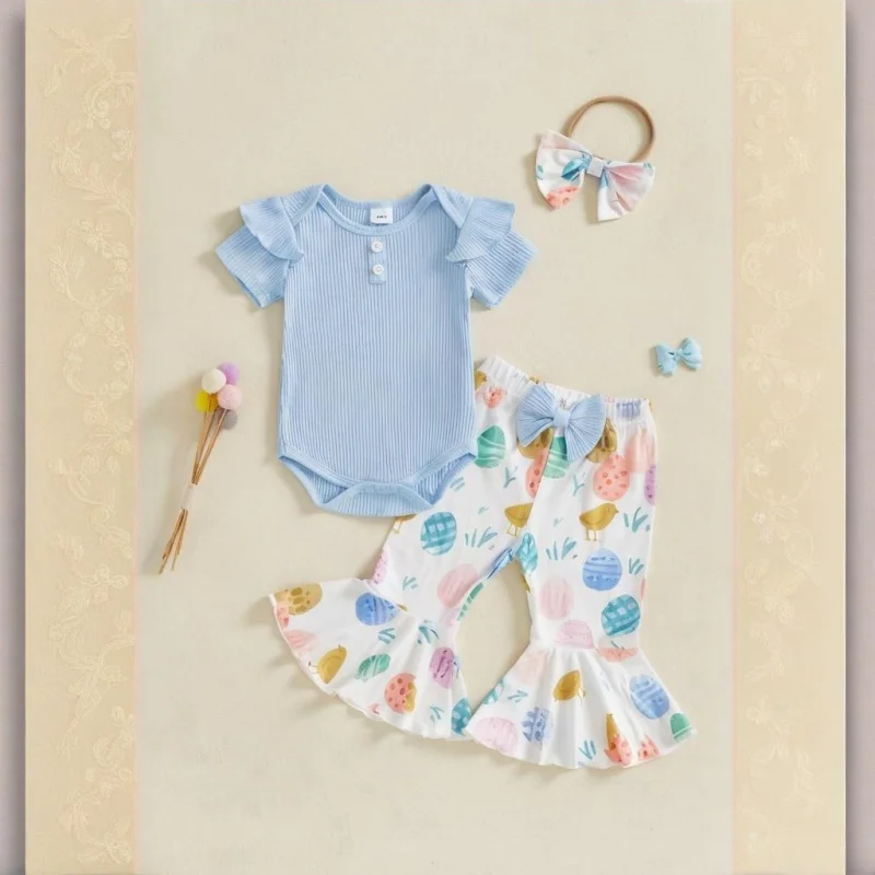 Baby Girls Summer Outfit Round Neck Short Sleeve Romper with Bunny/Eggs Print Flare Pants and Bowknot Headband Easter Outfit