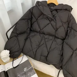 90 White Duck Down Short Jacket Women 2024 Winter New Hooded Diamond Puffer Coat Outwear Fashion Thick Warm Loose Cocoon Type