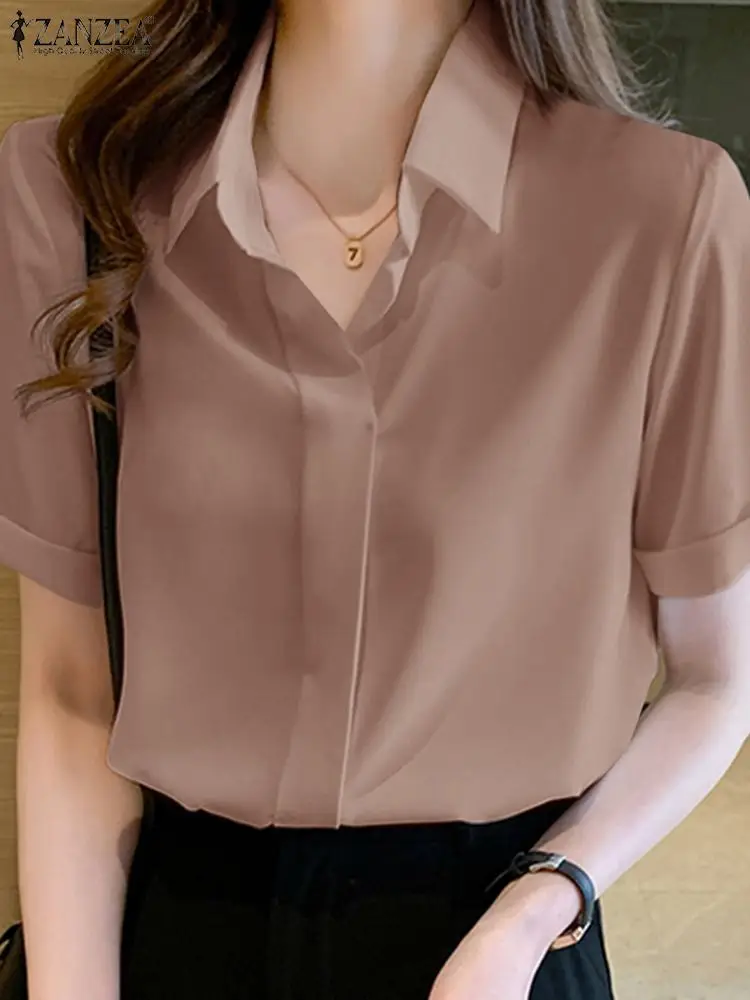 Women Summer Blouses Elegant Solid Shirts ZANZEA 2024 Casual Lapel Short Sleeve Office Lady Work Blusas Female OL Tunic Chemise