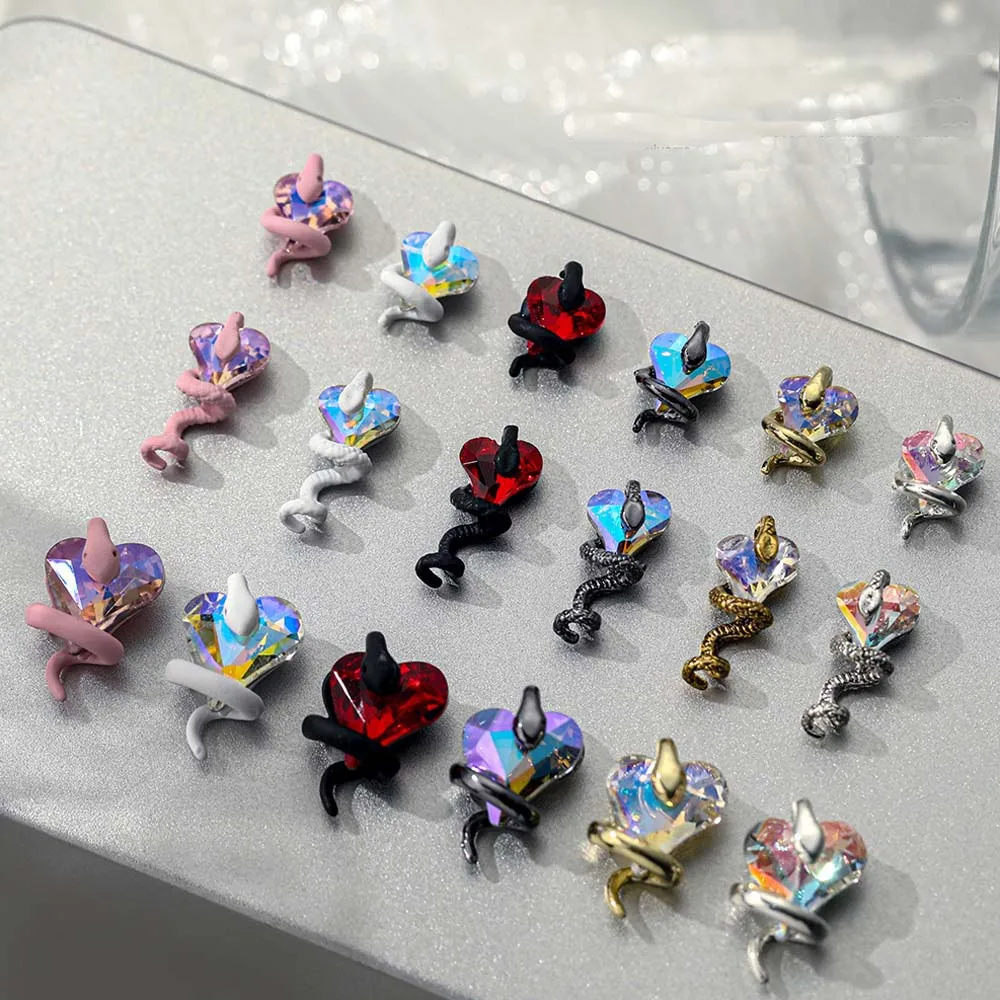 5pcs Retro Gothic Zodiac Snake Nail Art Charm 3D Metal Alloy Glass Gemstone Snake Nail Jewelry Glitter Punk Nail Accessories