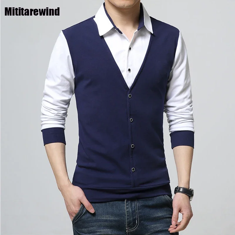 European Mens Long Sleeve Tops Spring Fall Business Casual Tshirts 5XL Lapel Patchwork Pullover Shirt Slim Fashion Men Clothing