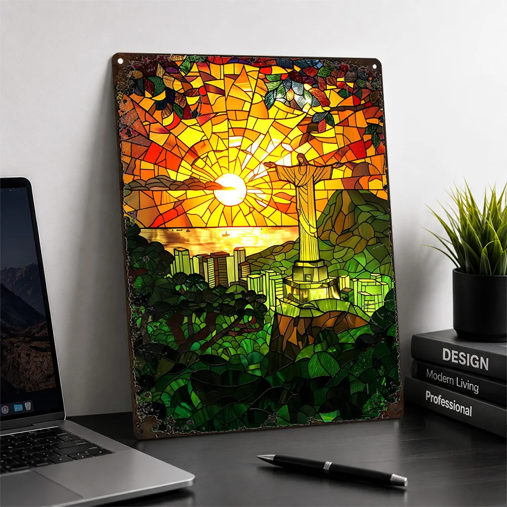 Rio Skyline At Sunset Textured Metal Poster Stained Glass Wall Art For Living Room Personalized Aluminum Sign City Lover Gift