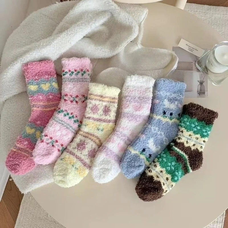 1/6 Pairs Autumn and Winter Couple Cute Furry Coral Thick Socks Sweet Retro Thick Soft Glutinous Women's Mid Tube Socks 2025