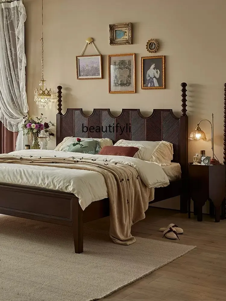 yj American Bed Solid Wood Bed French Carved Bed Master Bedroom Double Bed Big Bed American Light Retro Simple Marriage Bed