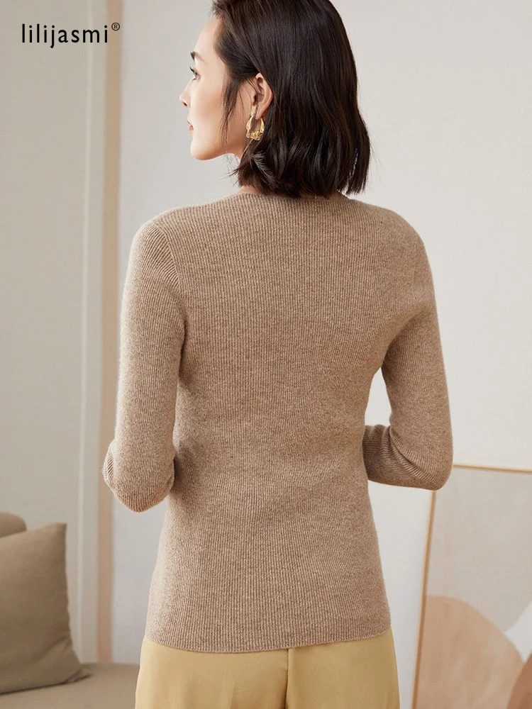 Women 100% Wool Pullover No-Seam Unibody V-Neck Pullover Sweater Basic Solid Style Pure Elastic Slim Fit Jumpers 2022 New Colors