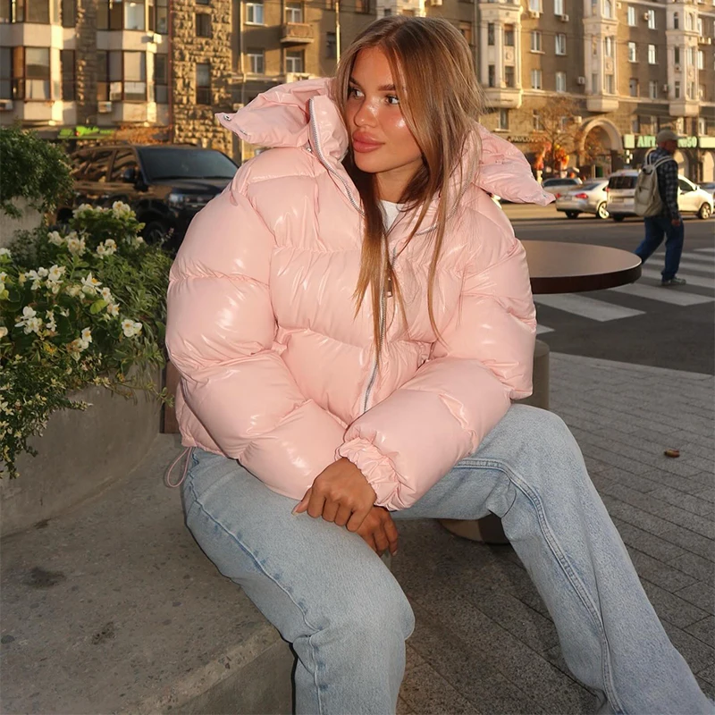 Chic Reflective Fabric Lace Up Hooded Cotton Jacket Women Stand Collar Full Sleeve Zipper Warm Overcoat 2026 Winter Lady Outwear