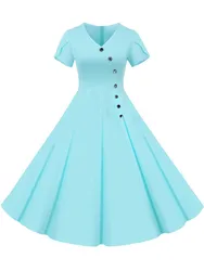 Women's Solid Color V-Neck Midi Dress Casual Vintage Retro Party Sundress Elegant Summer Robe